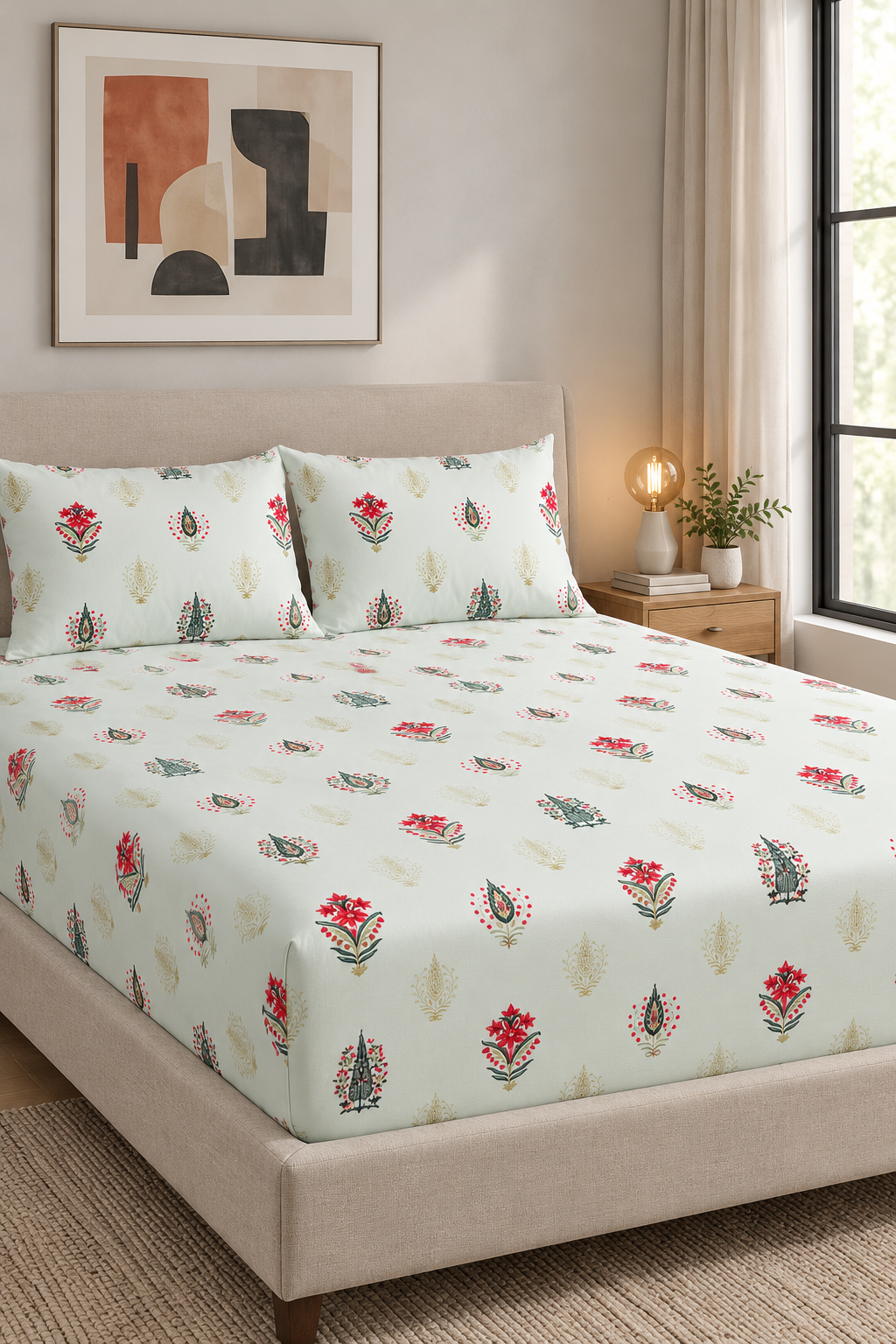 Mint Botanical Queen Size Fitted Bedsheet Set – Red Floral Print