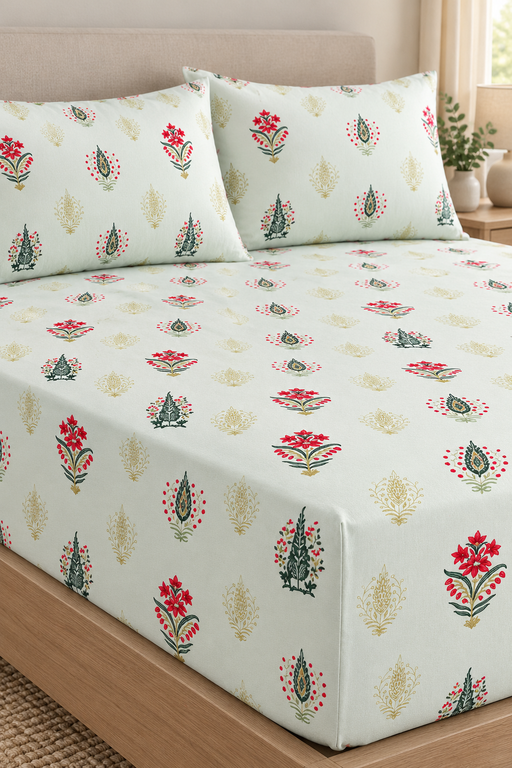 Mint Botanical Queen Size Fitted Bedsheet Set – Red Floral Print