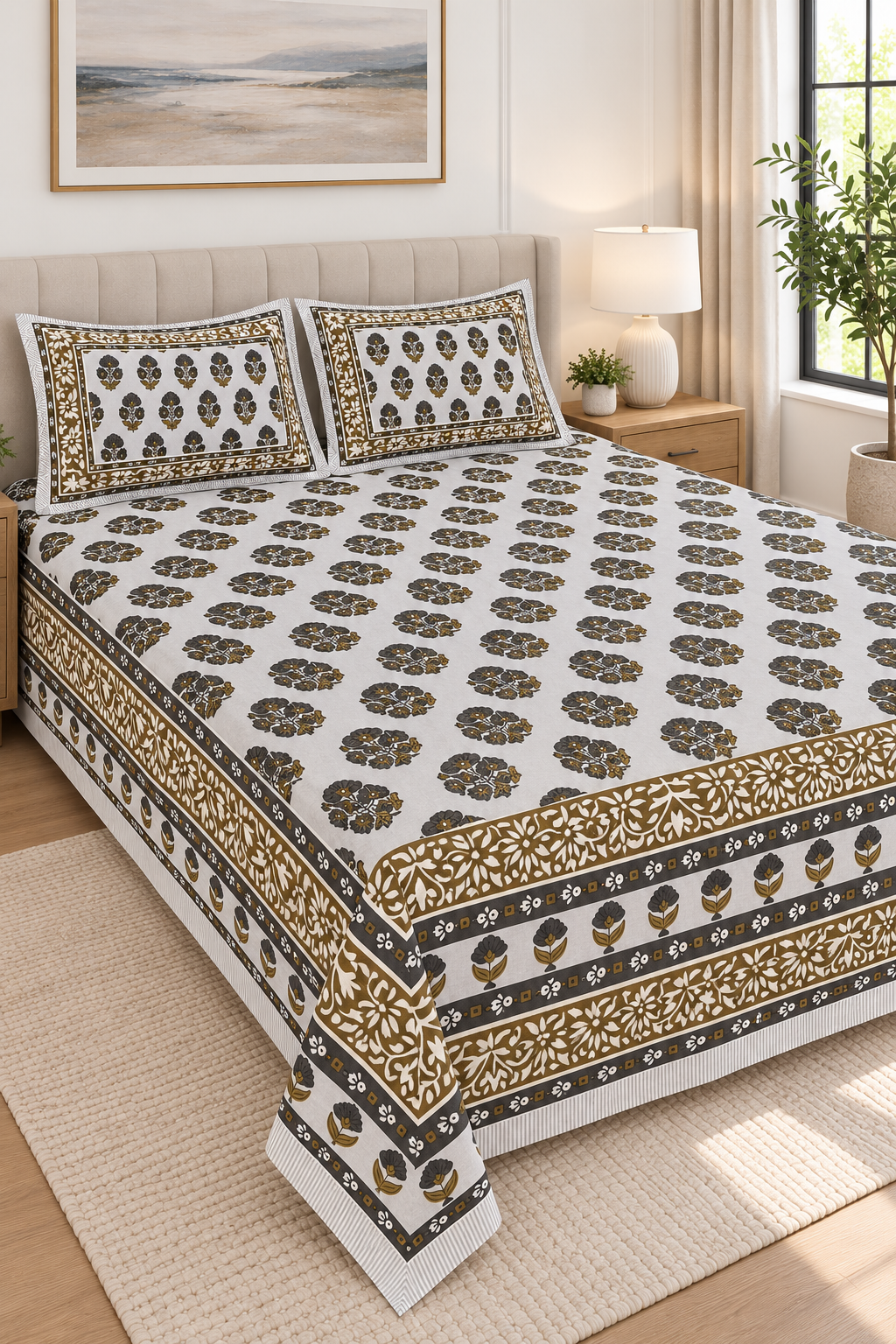 Charcoal & Olive Floral Queen Flat Bedsheet Set with 2 Pillow Covers
