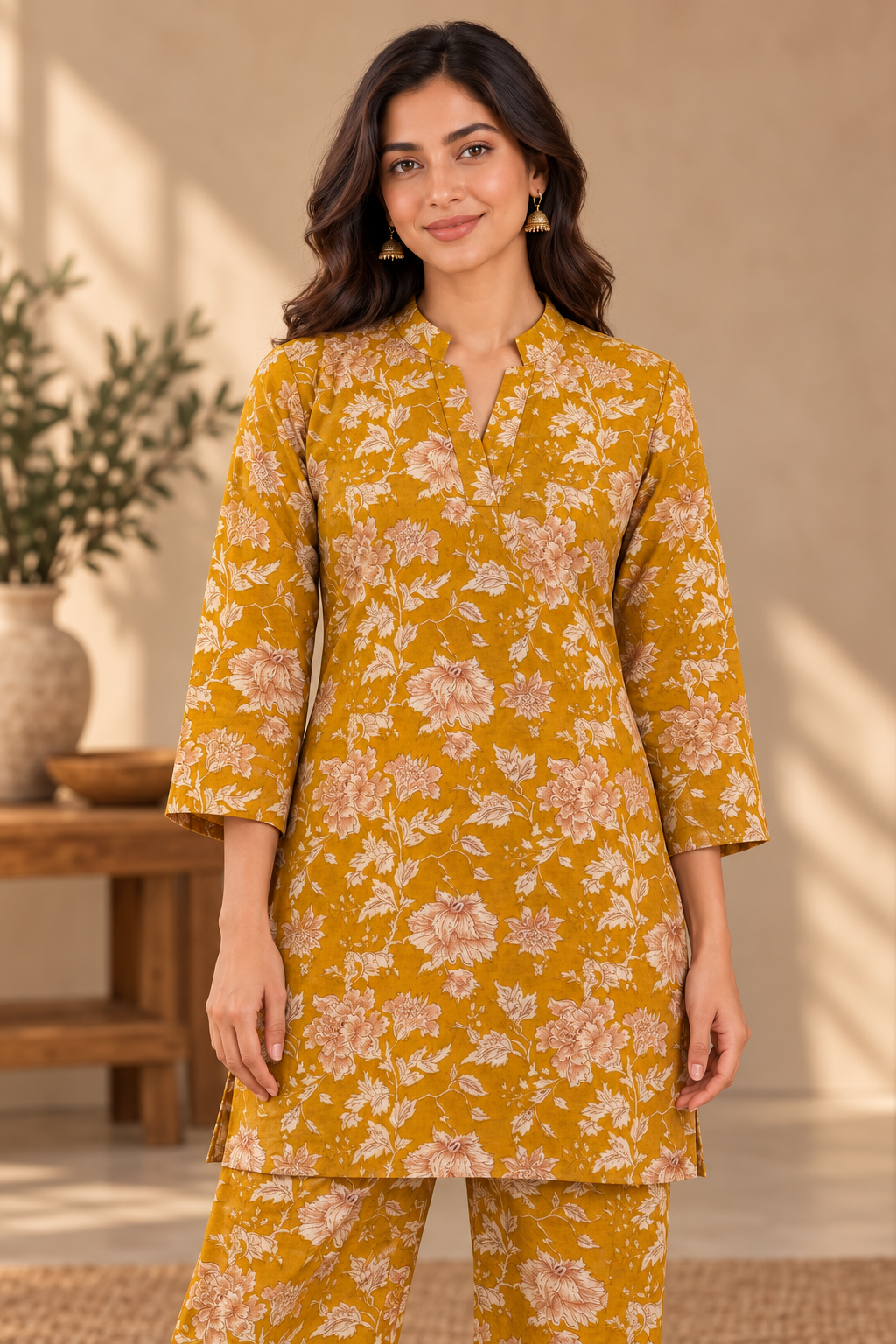 Mustard Yellow Floral Co-ord Set – Notched Neck Tunic & Matching Pants