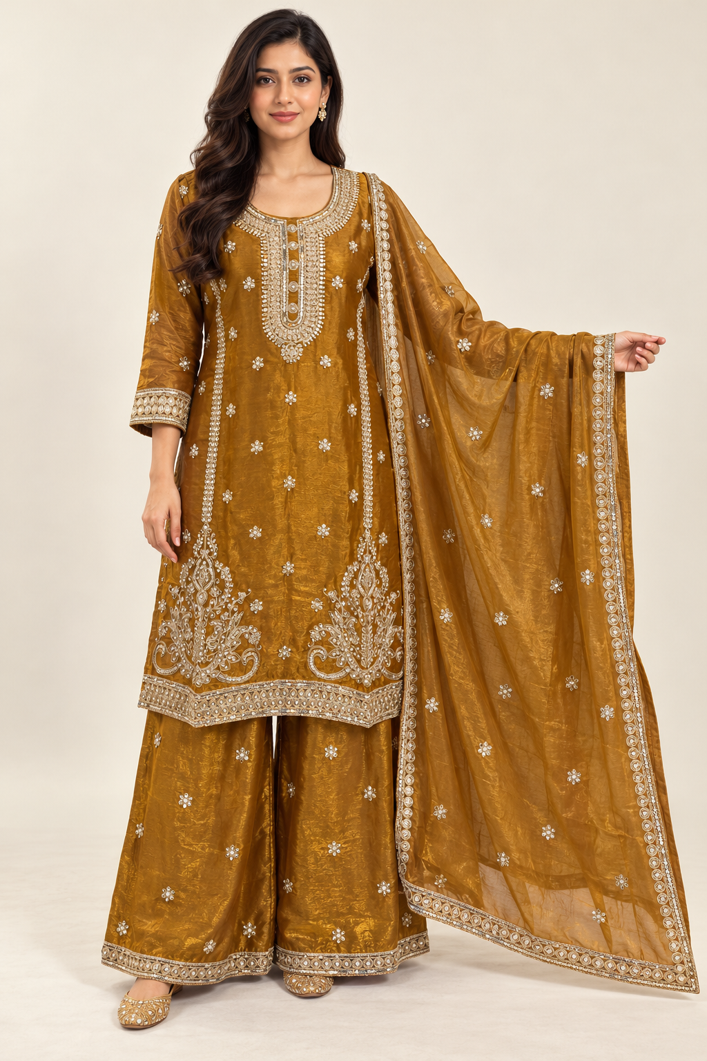 Mustard Gold Embroidered Kurta Palazzo Suit with Dupatta