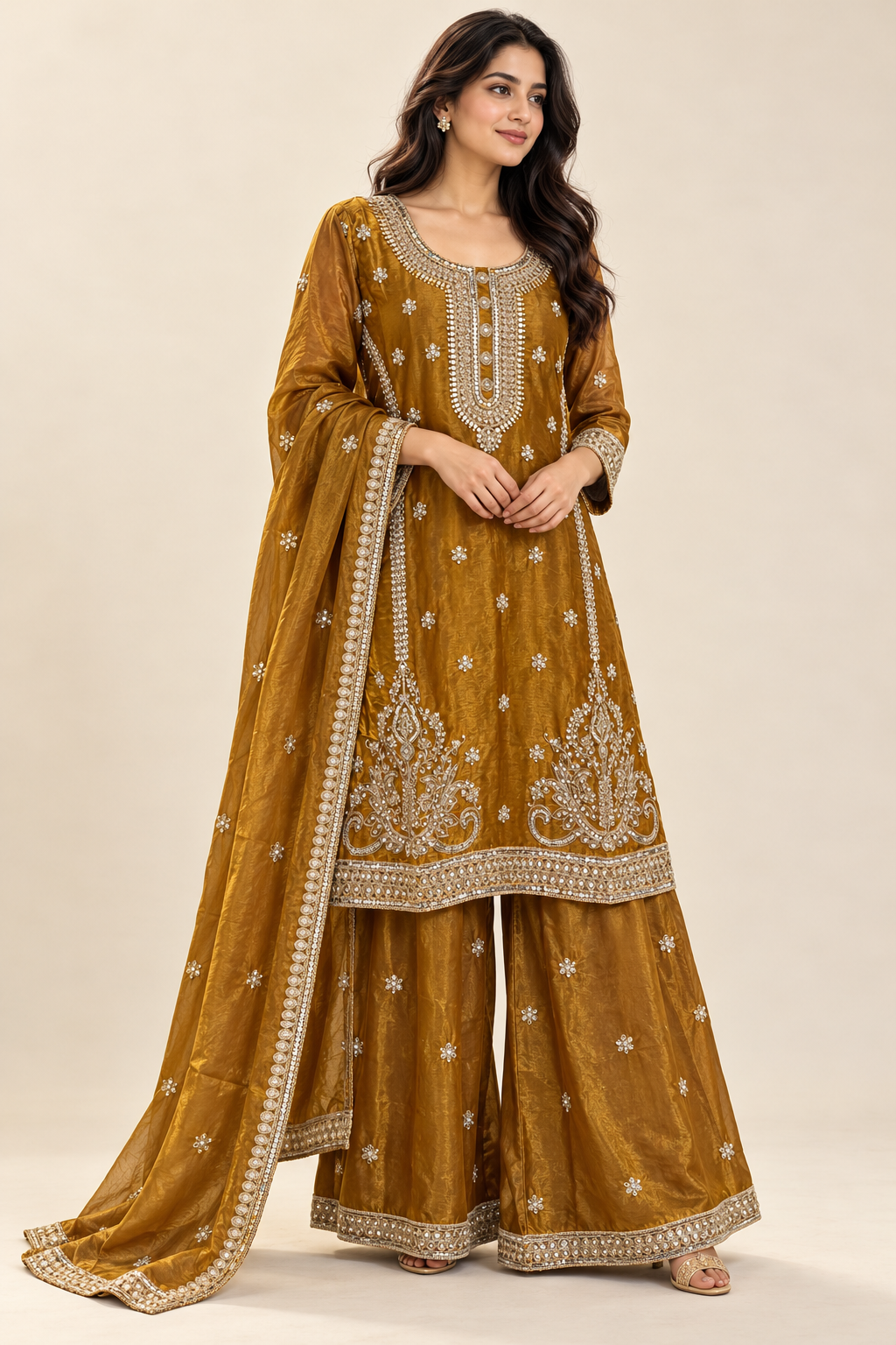 Mustard Gold Embroidered Kurta Palazzo Suit with Dupatta