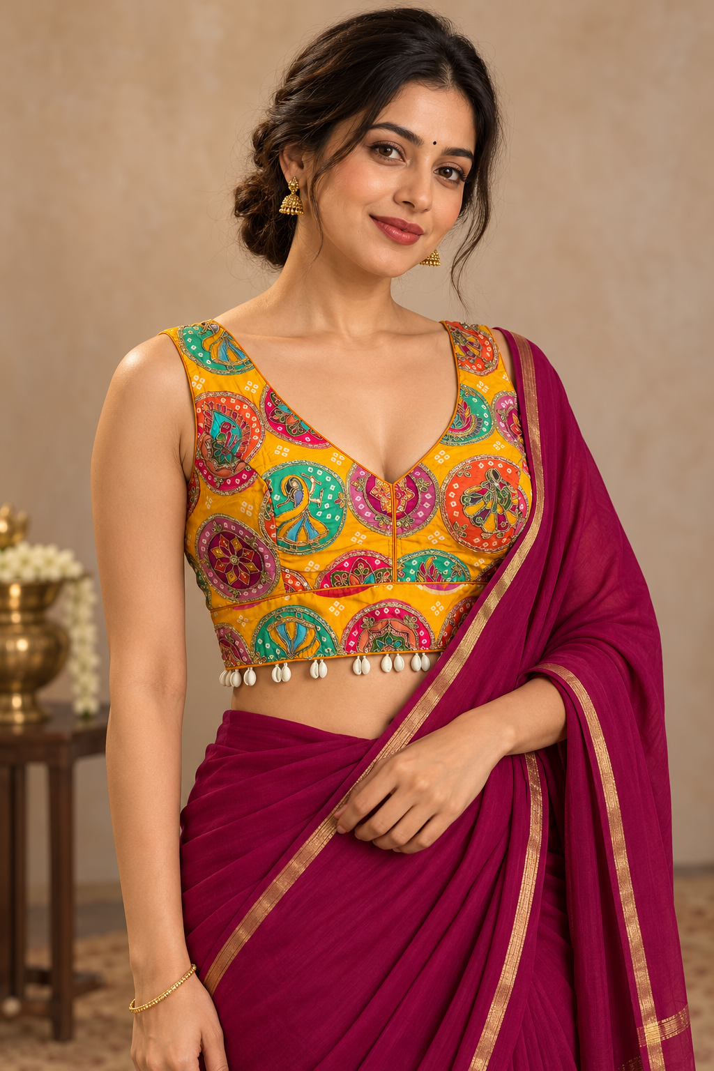 Mustard Yellow Multicolor Embroidered Crepe Silk Padded Blouse with Shell Trim