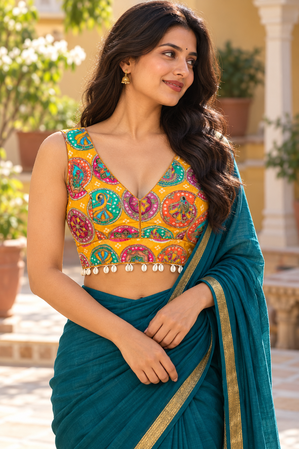 Mustard Yellow Multicolor Embroidered Crepe Silk Padded Blouse with Shell Trim