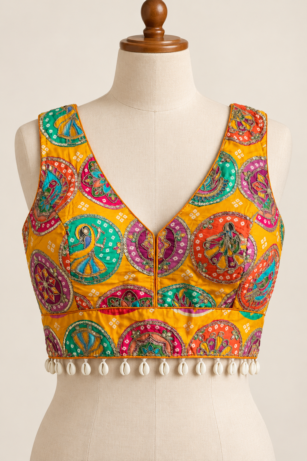 Mustard Yellow Multicolor Embroidered Crepe Silk Padded Blouse with Shell Trim