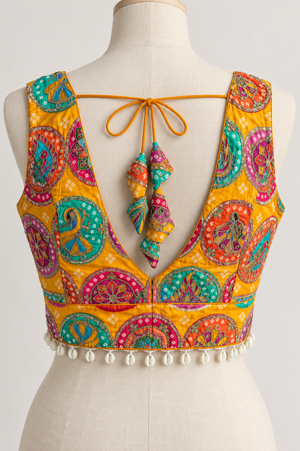 Mustard Yellow Multicolor Embroidered Crepe Silk Padded Blouse with Shell Trim