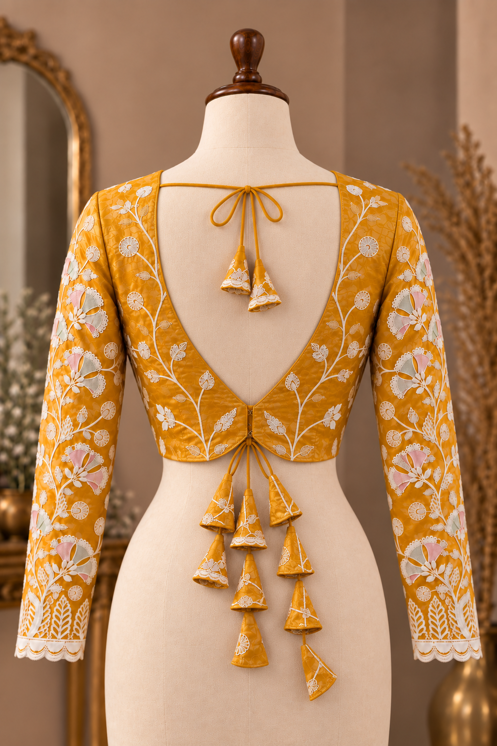 Floral Vine Embroidered Saree Blouse | Yellow