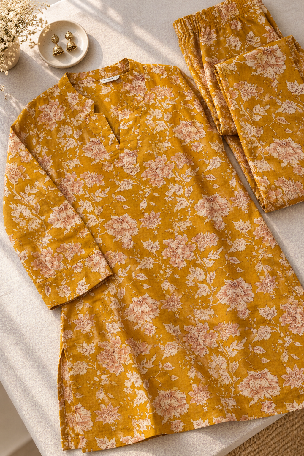 Mustard Yellow Floral Co-ord Set – Notched Neck Tunic & Matching Pants