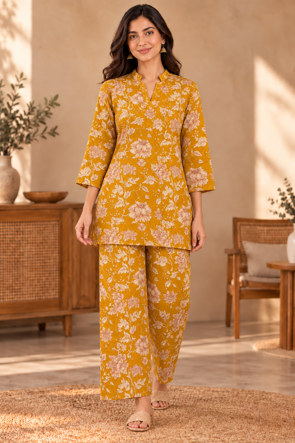Mustard Yellow Floral Co-ord Set – Notched Neck Tunic & Matching Pants