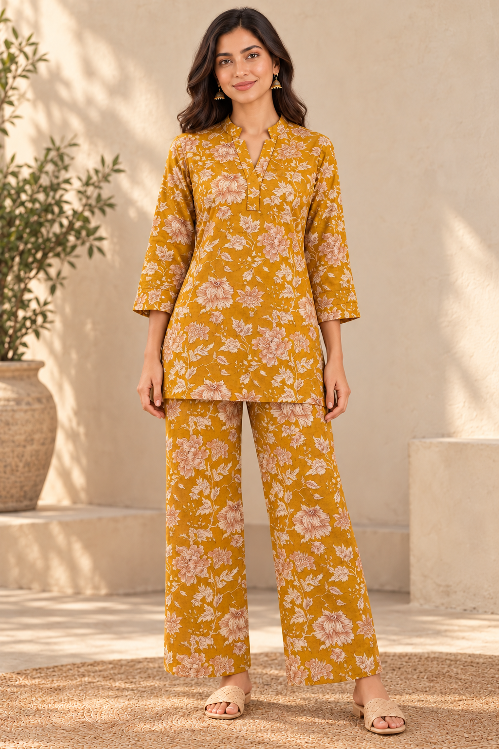 Mustard Yellow Floral Co-ord Set – Notched Neck Tunic & Matching Pants