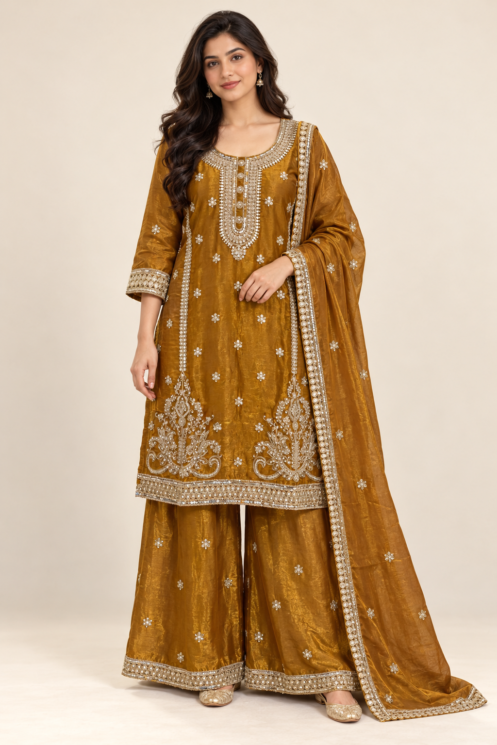 Mustard Gold Embroidered Kurta Palazzo Suit with Dupatta