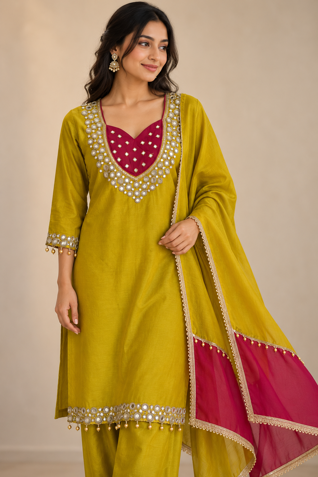 Yellow Mirror-Work Silk-Blend Kurti Palazzo Set with Dupatta