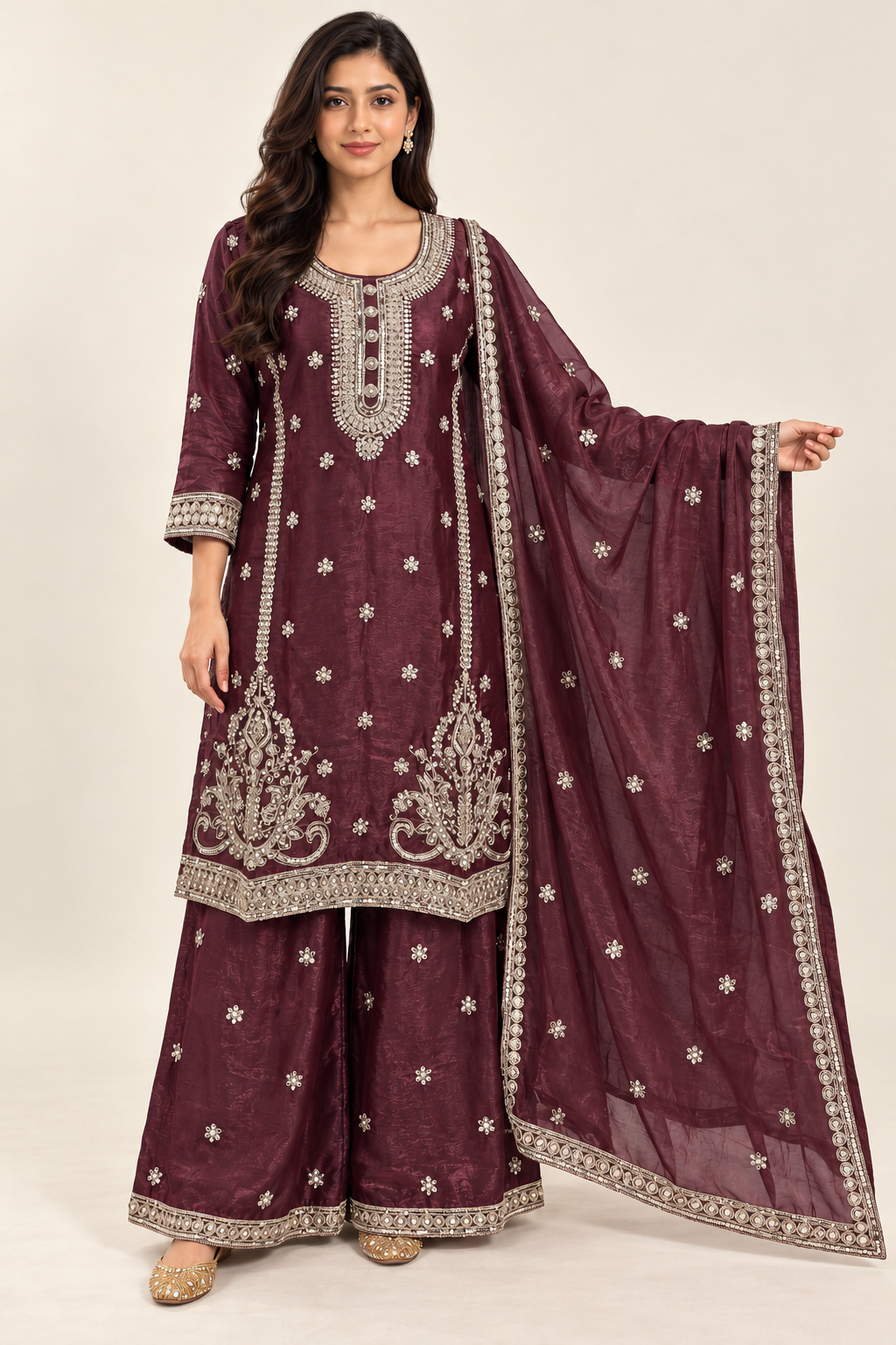 Wine Embroidered Kurta Palazzo Suit with Dupatta