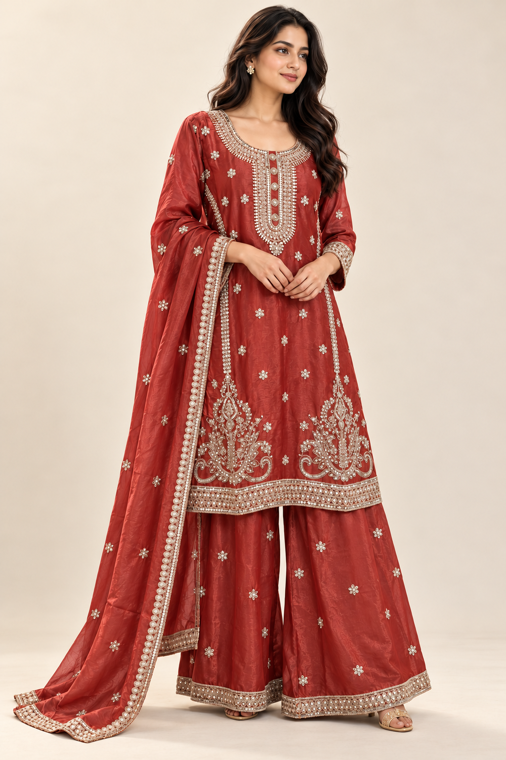 Brick Red Embroidered Kurta Palazzo Suit with Dupatta