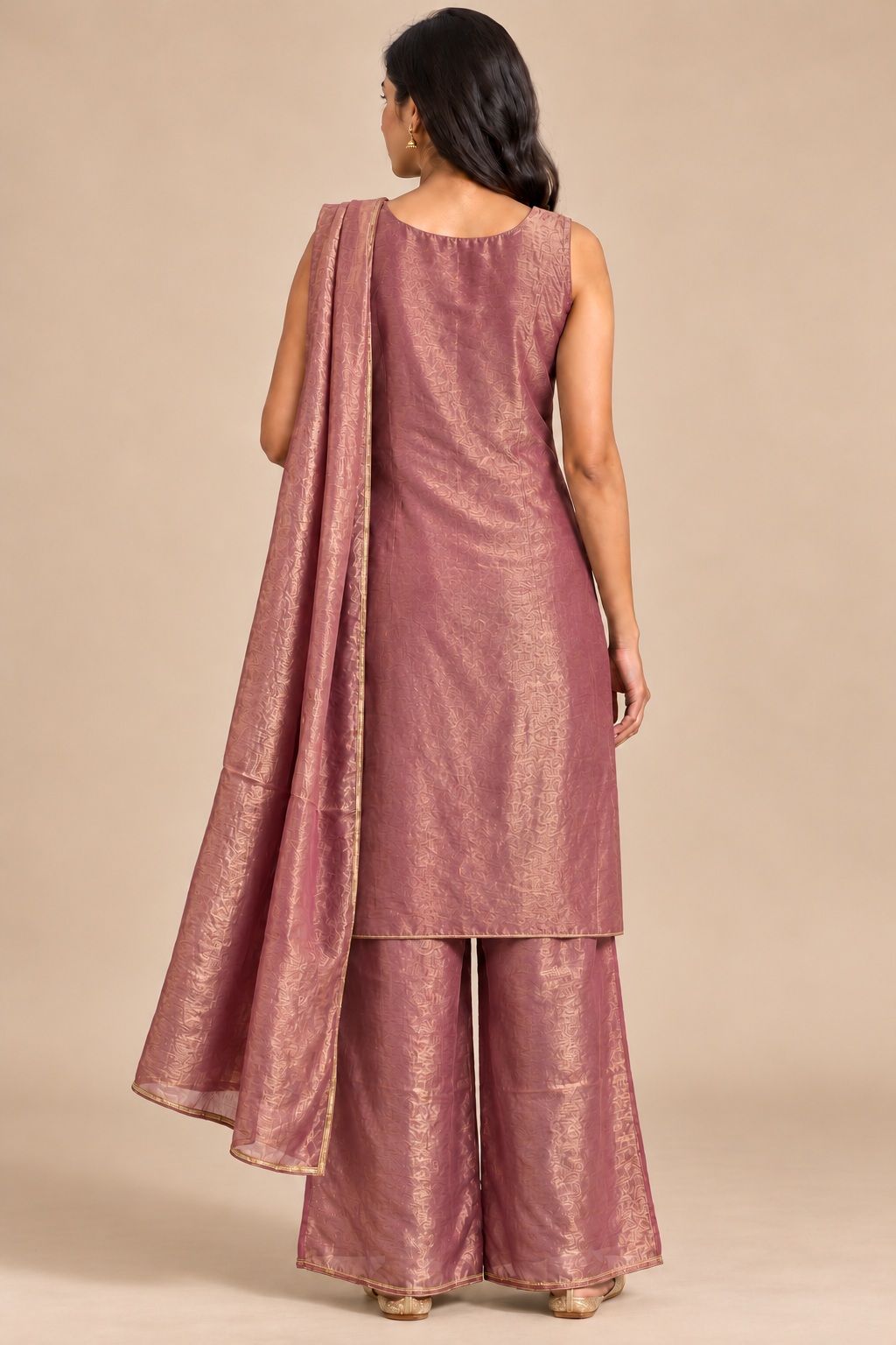 Dusty Rose Sleeveless Embroidered Kurta Palazzo Set with Dupatta
