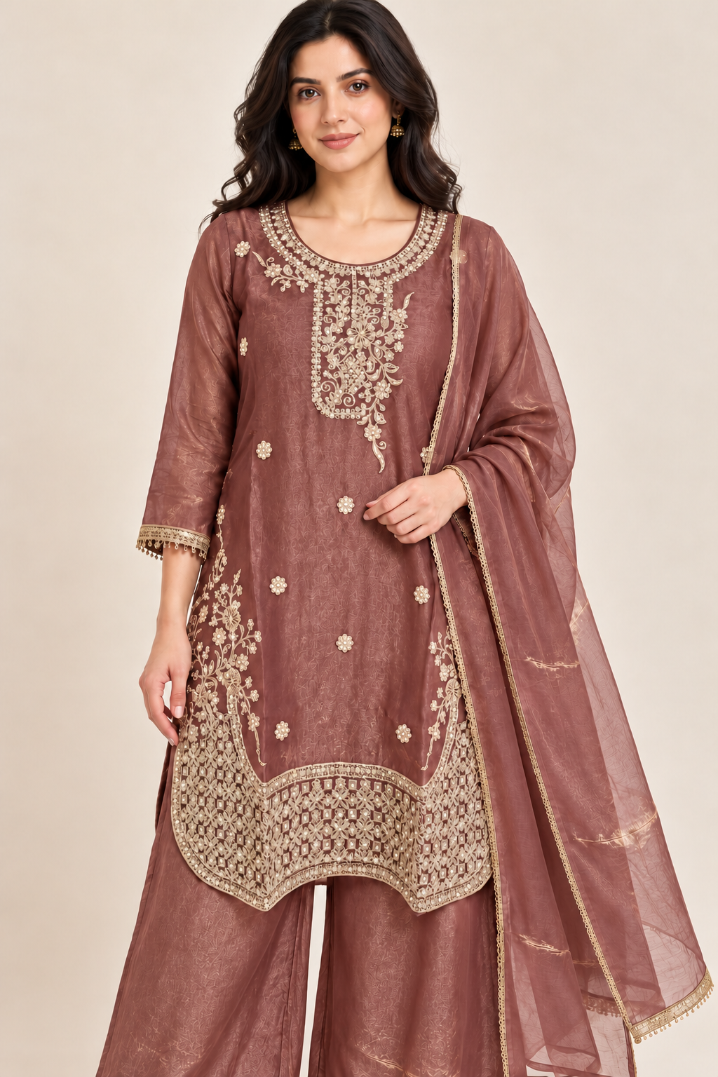 Dusty Rose Gold Embroidered Kurta Palazzo Set with Dupatta
