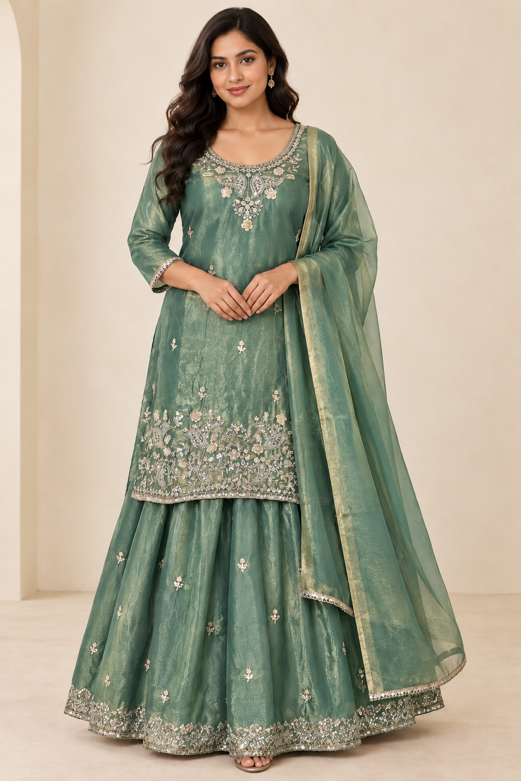 Sea Green Embroidered Kurti & Lehenga Set with Dupatta