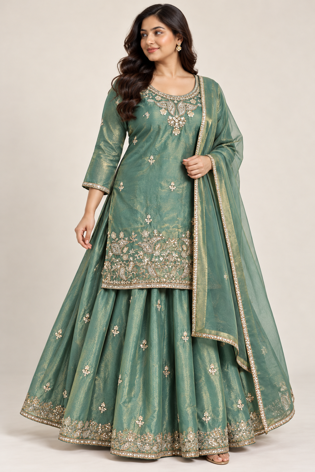 Sea Green Embroidered Kurti & Lehenga Set with Dupatta