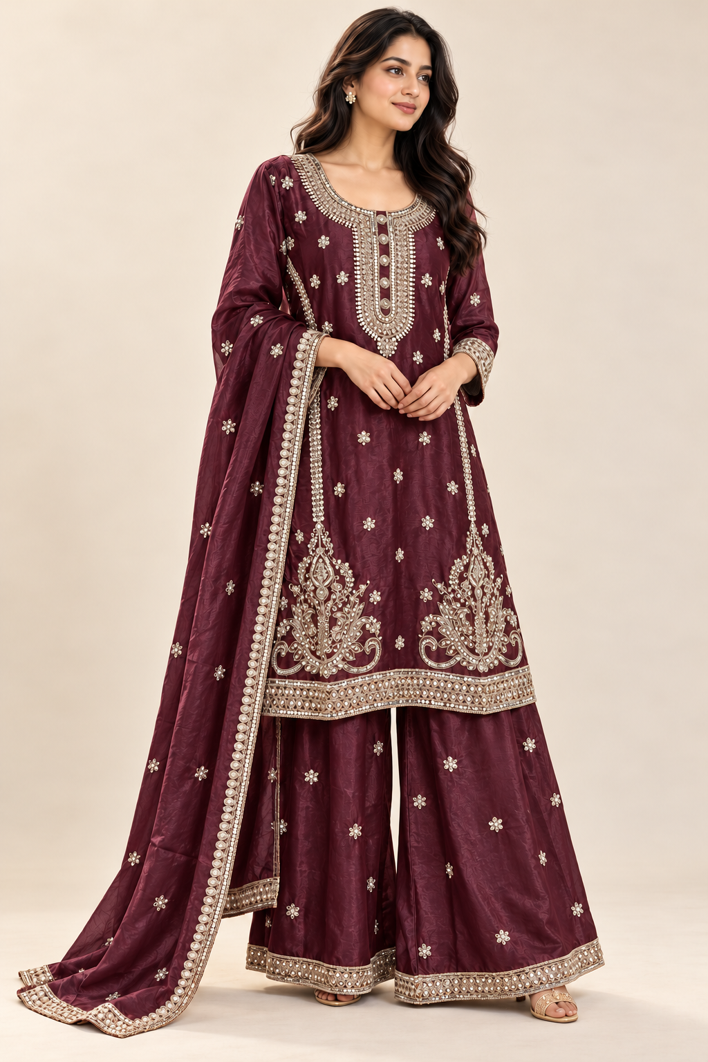 Wine Embroidered Kurta Palazzo Suit with Dupatta