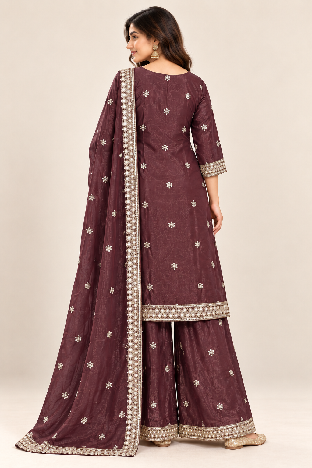 Wine Embroidered Kurta Palazzo Suit with Dupatta