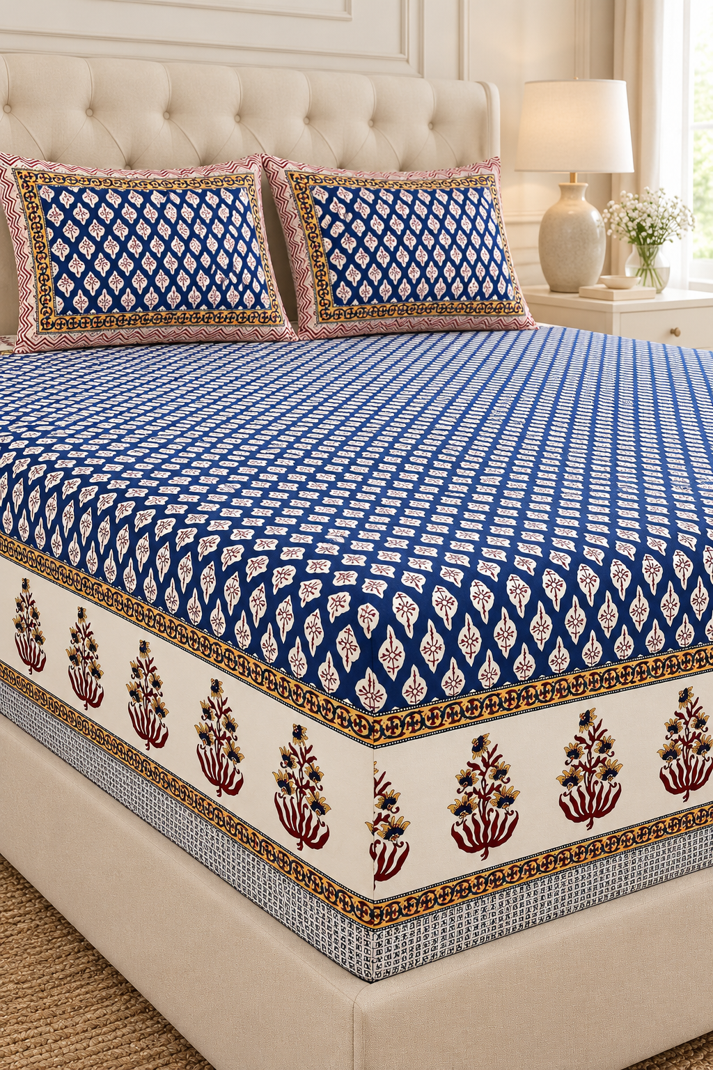 Navy Blue Buti Print King Fitted Bedsheet – 78″ × 80″, 16″ Deep Pocket