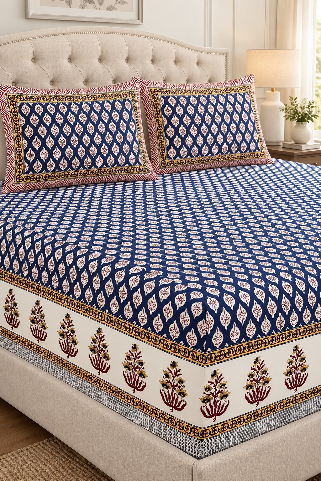 Navy Blue Buti Print King Fitted Bedsheet – 78″ × 80″, 16″ Deep Pocket