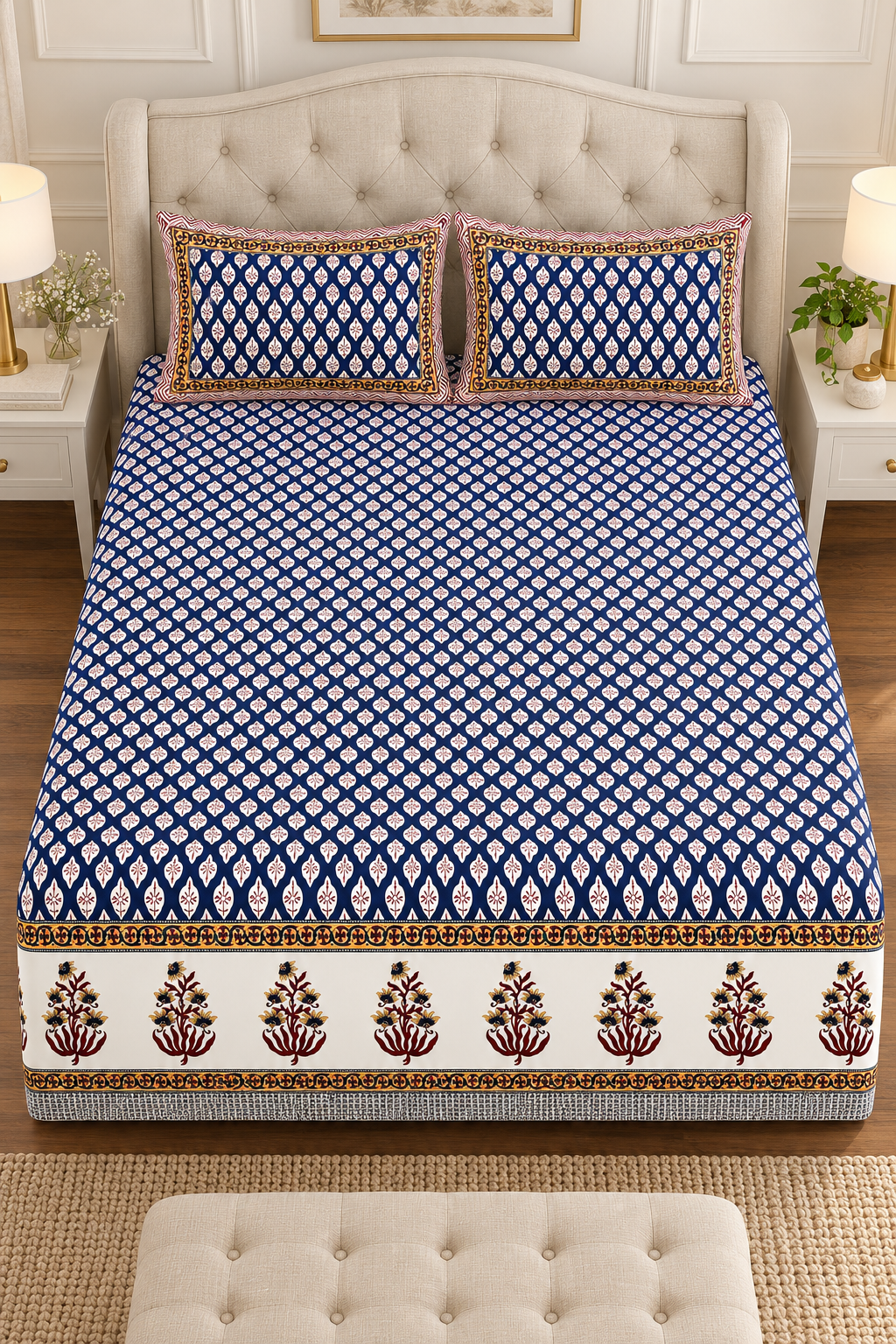Navy Blue Buti Print King Fitted Bedsheet – 78″ × 80″, 16″ Deep Pocket