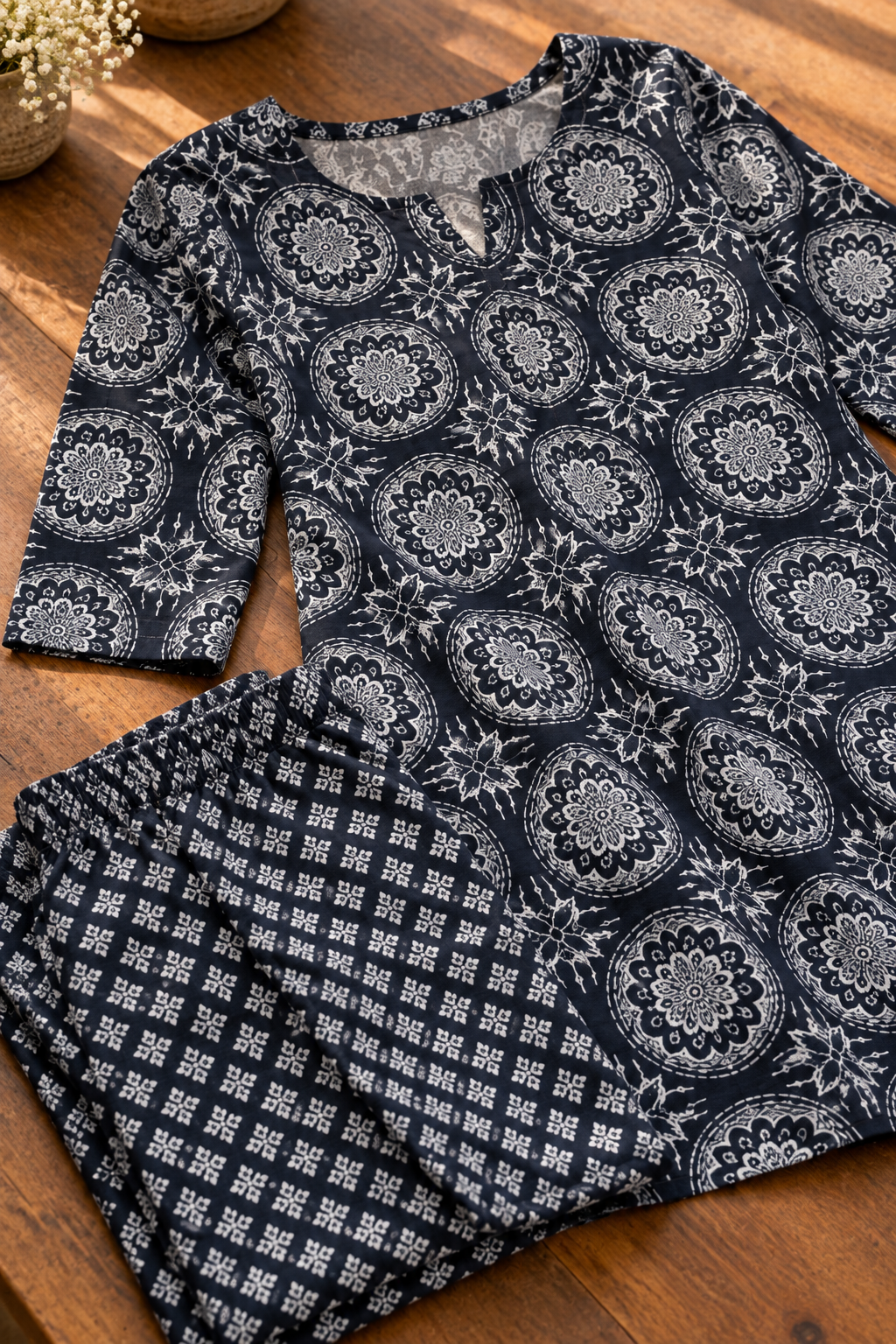 Navy Blue & White Medallion Print Cotton Co-ord Set for Women | 2-Piece Outfit