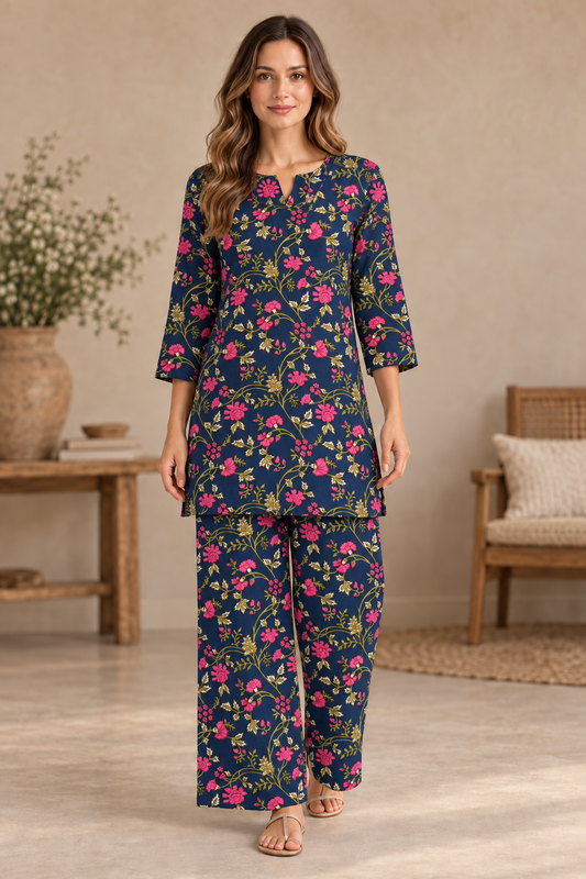 Navy Blue Floral Cotton Co-ord Set for Women | 2-Piece Outfit