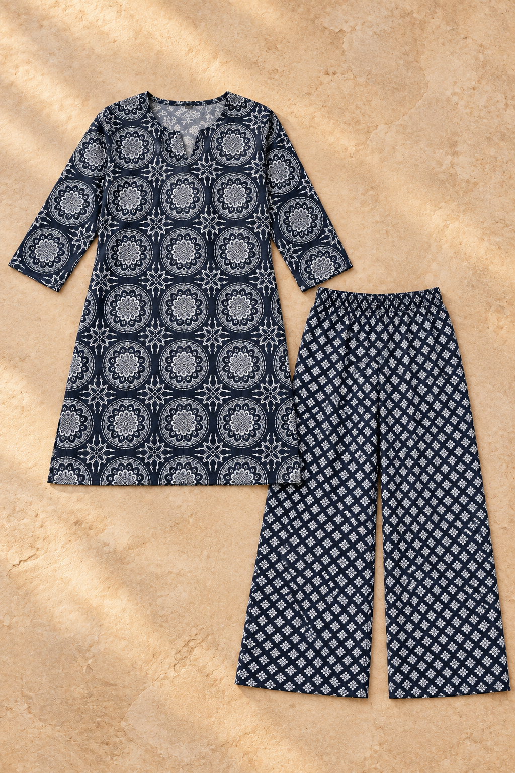 Navy Blue & White Medallion Print Cotton Co-ord Set for Women | 2-Piece Outfit