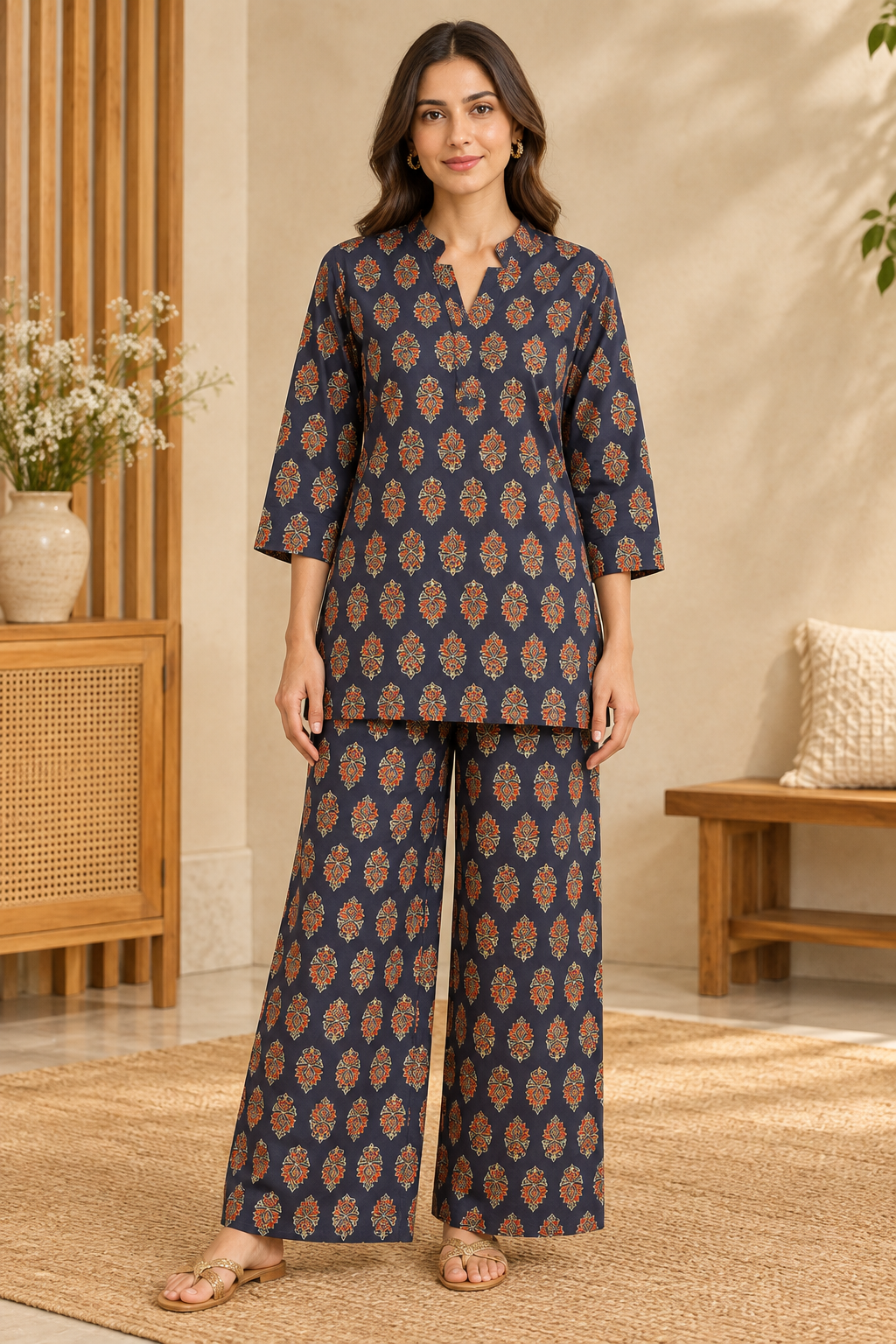 Navy & Rust Floral Cotton Co-ord Set for Women | 2-Piece Outfit