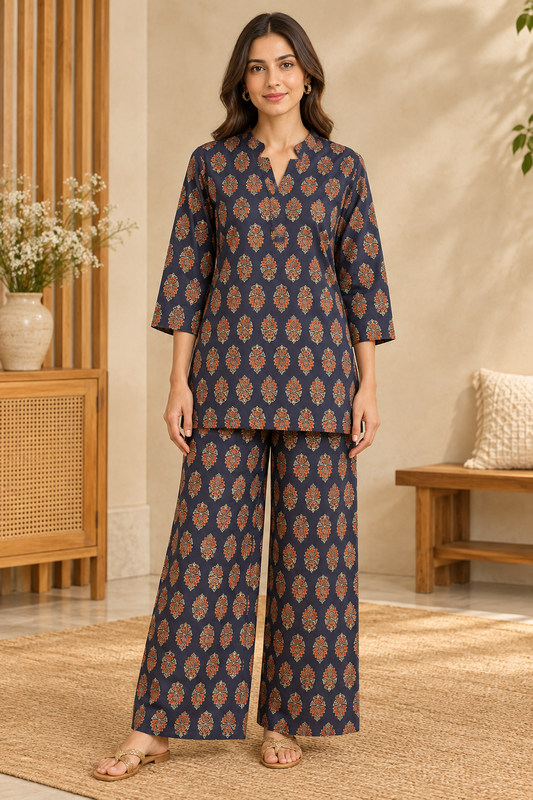 Navy & Rust Floral Cotton Co-ord Set for Women | 2-Piece Outfit