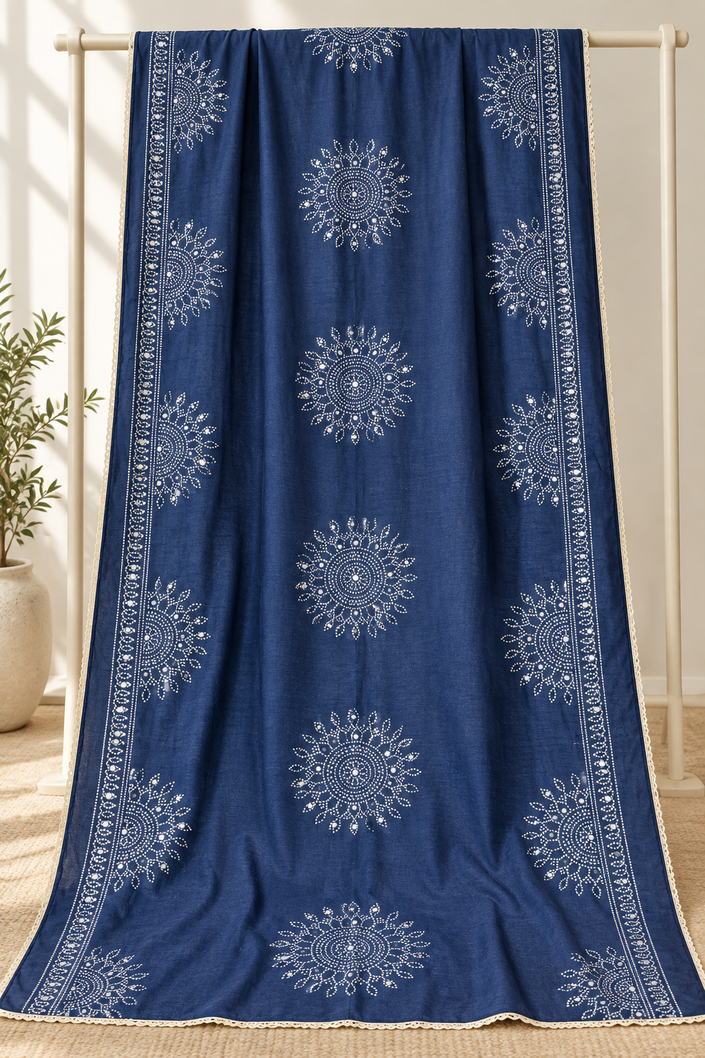 Navy Blue Semi Gaji Bandhej Dupatta with Mirror Work
