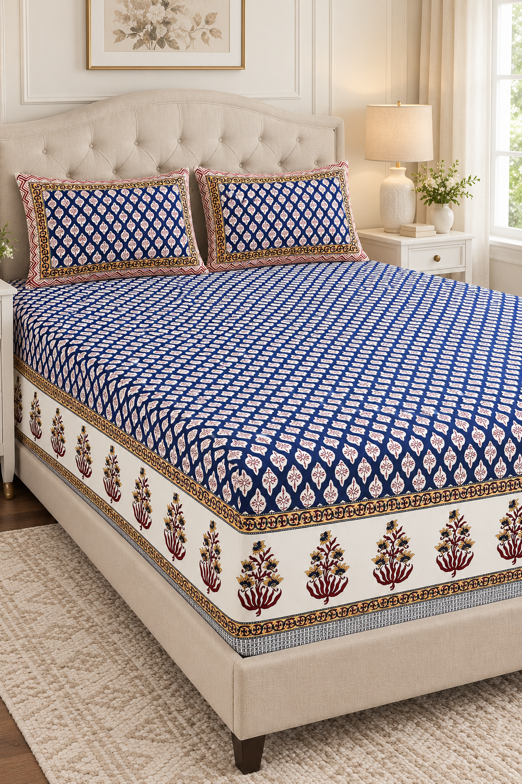 Navy Blue Buti Print King Fitted Bedsheet – 78″ × 80″, 16″ Deep Pocket