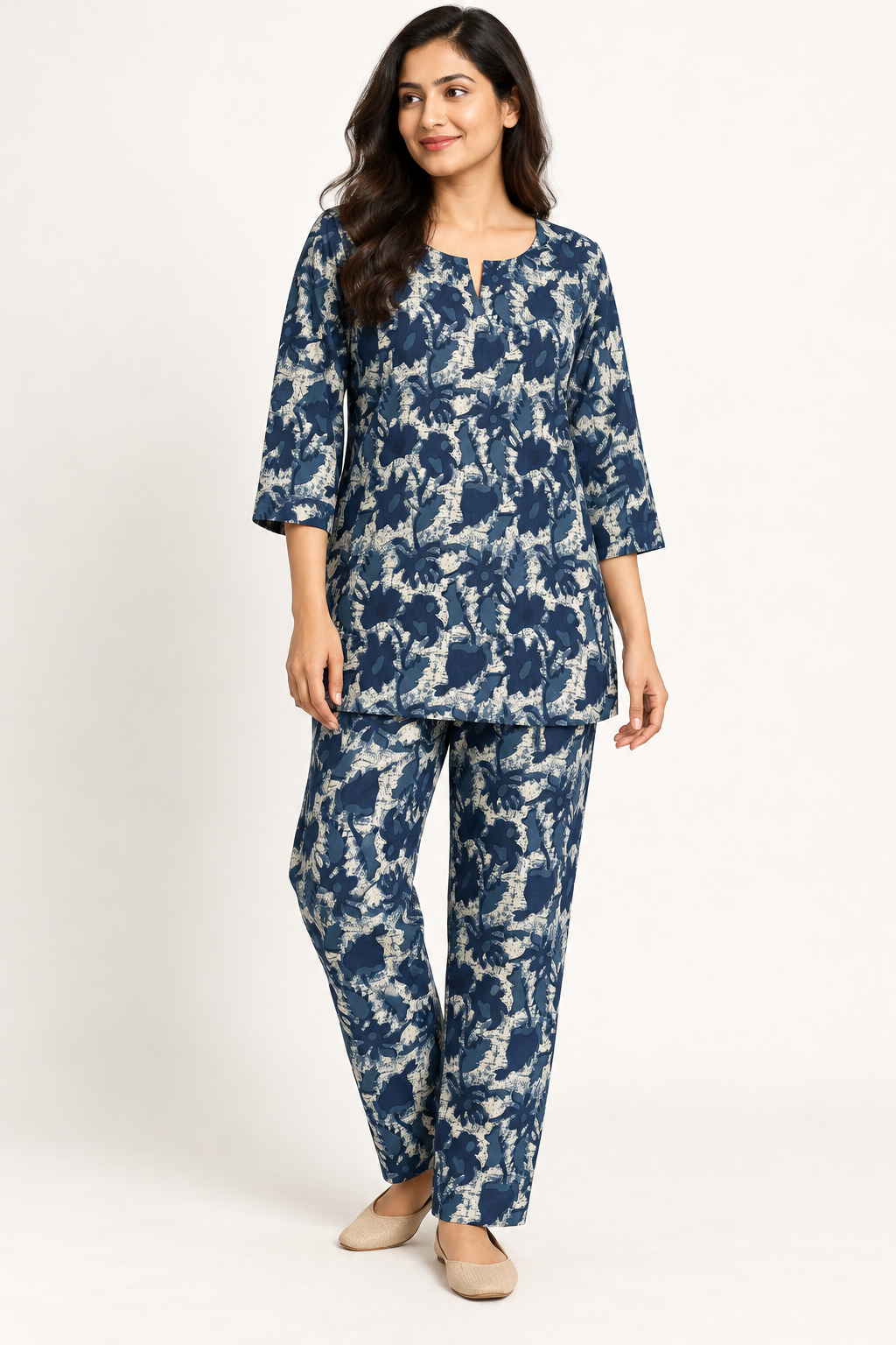 Navy & Ivory Abstract Floral Co-ord Set with Matching Pants