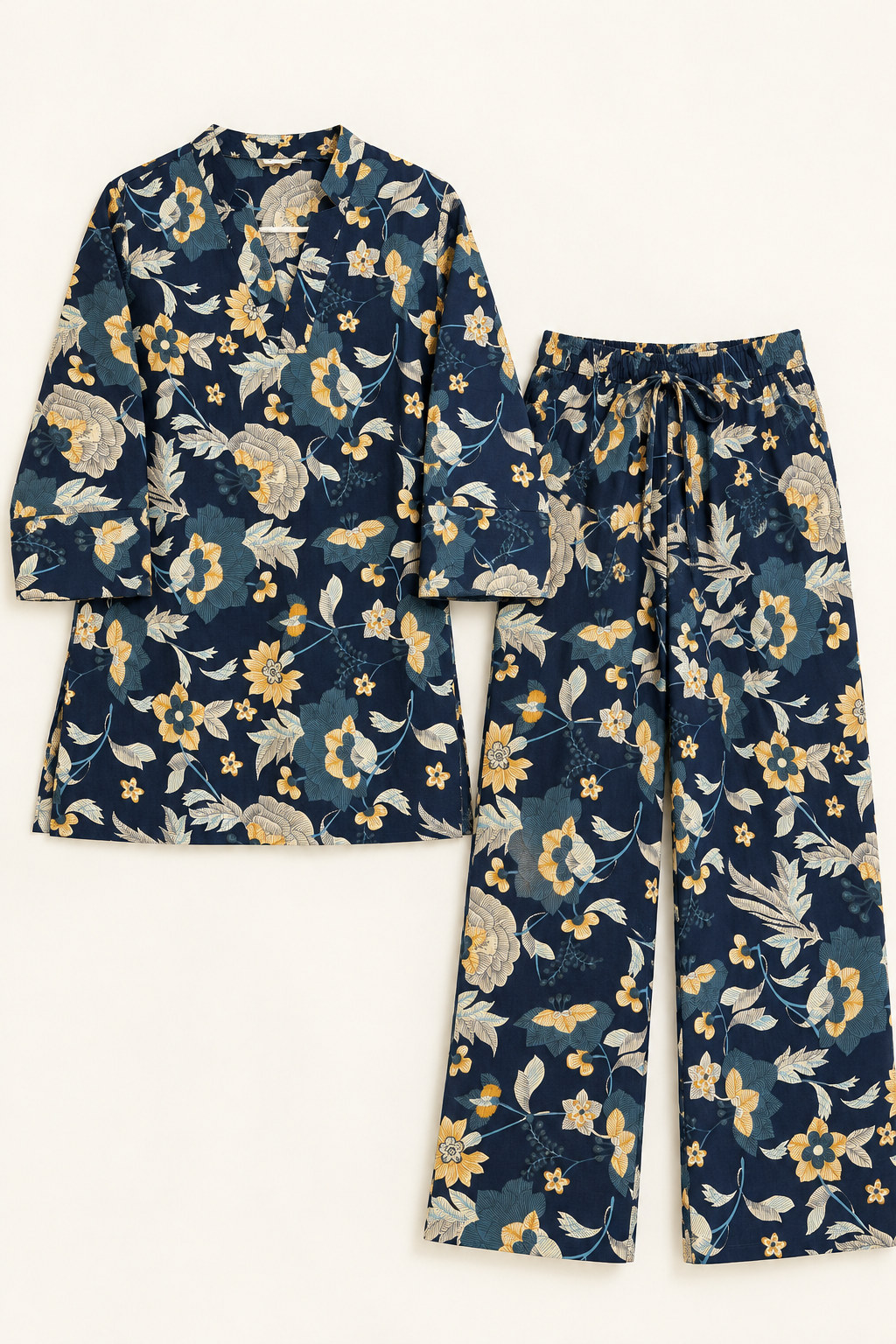 Navy Blue Floral Co-ord Set with Notched Neckline & Wide-Leg Pants