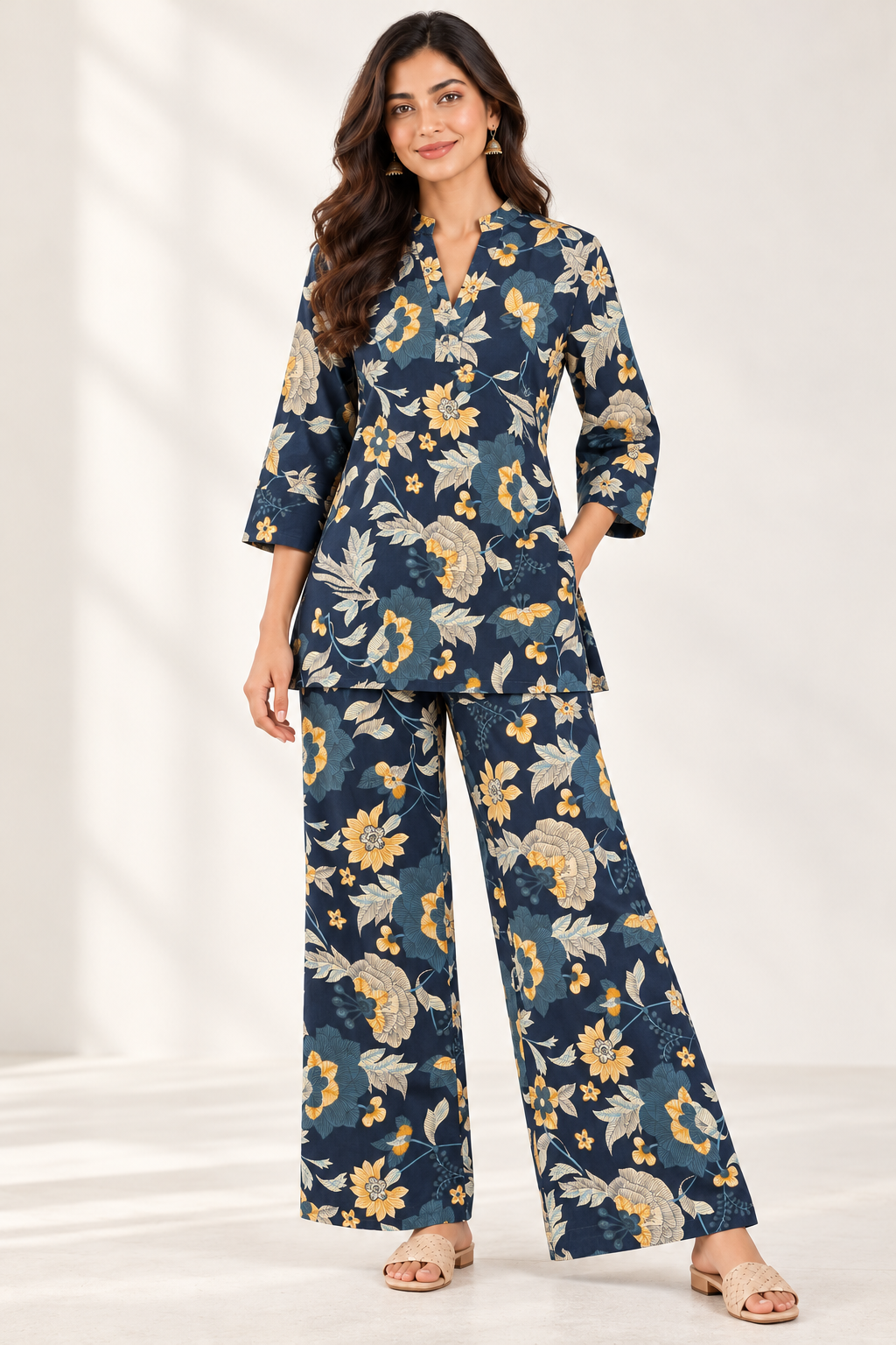 Navy Blue Floral Co-ord Set with Notched Neckline & Wide-Leg Pants