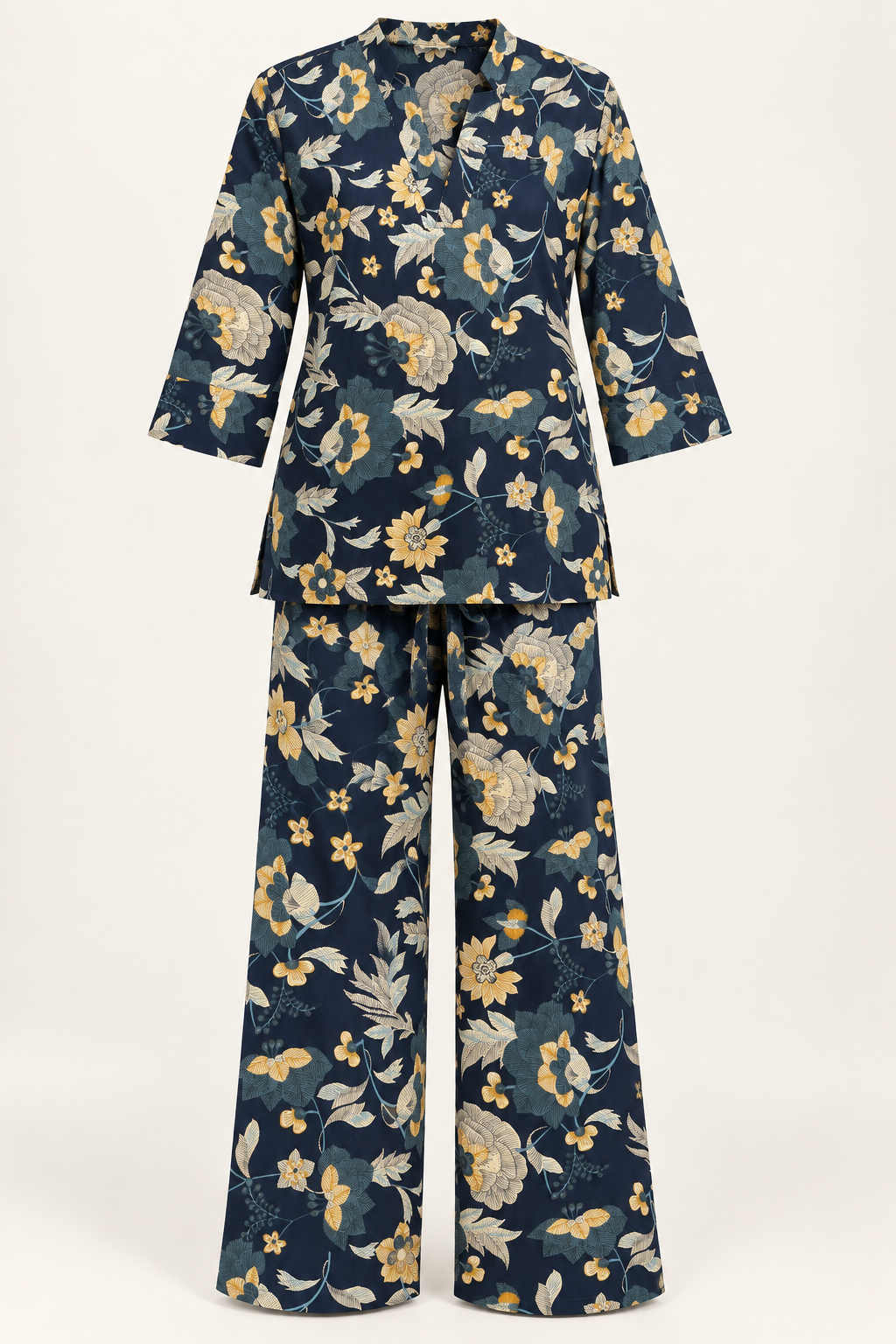 Navy Blue Floral Co-ord Set with Notched Neckline & Wide-Leg Pants