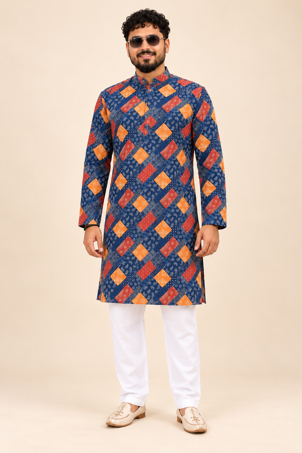 Men’s Navy Blue Geometric Print Kurta with White Pajama