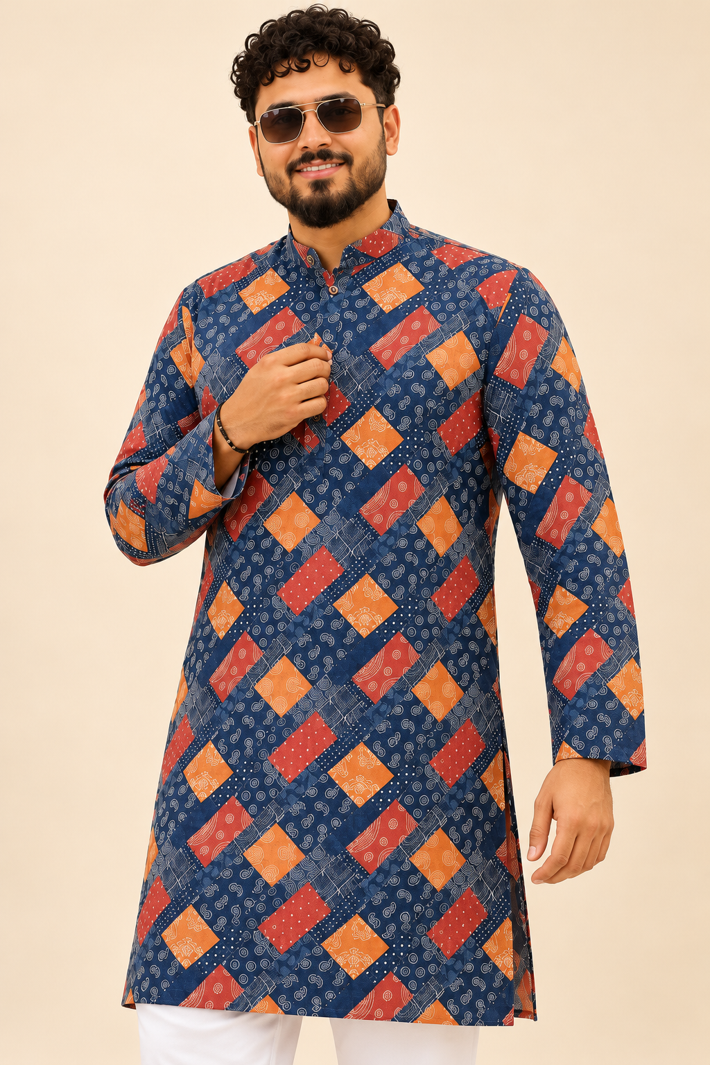 Men’s Navy Blue Geometric Print Kurta with White Pajama