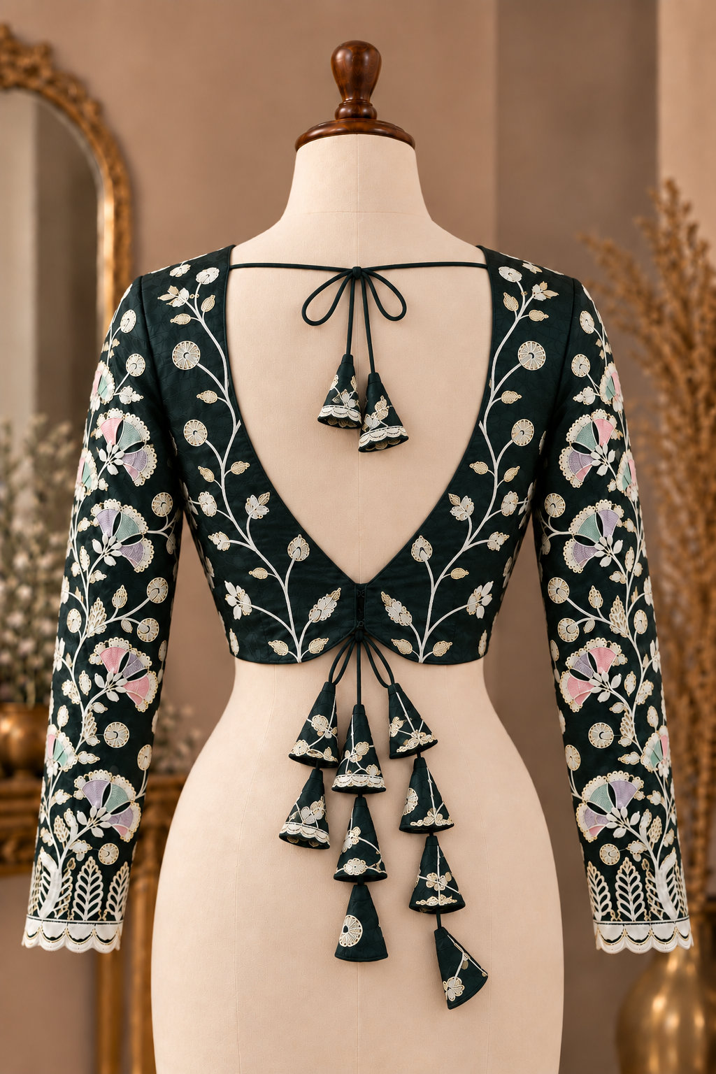 Floral Vine Embroidered Saree Blouse | Green