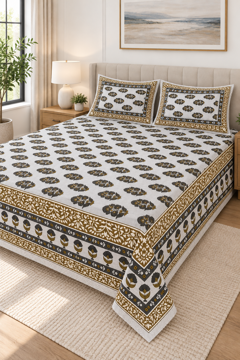 Charcoal & Olive Floral Queen Flat Bedsheet Set with 2 Pillow Covers