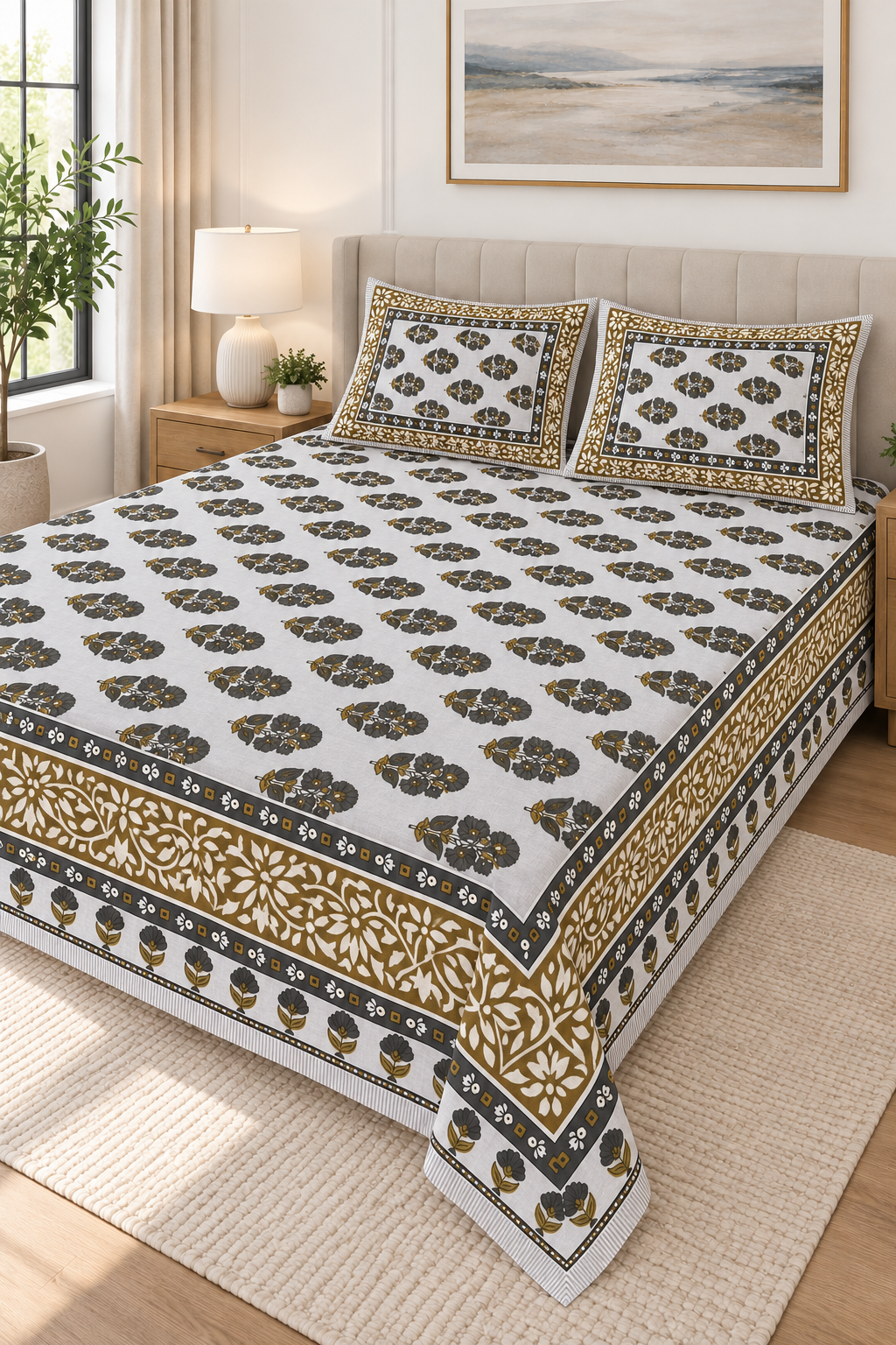 Charcoal & Olive Floral Queen Flat Bedsheet Set with 2 Pillow Covers