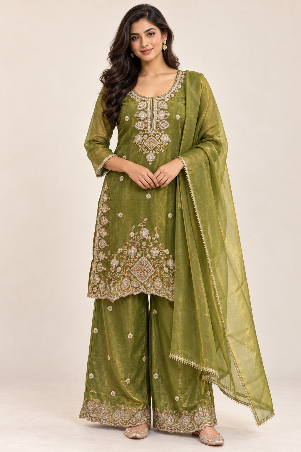 Olive Green Floral Embroidered Kurta Palazzo Suit with Dupatta