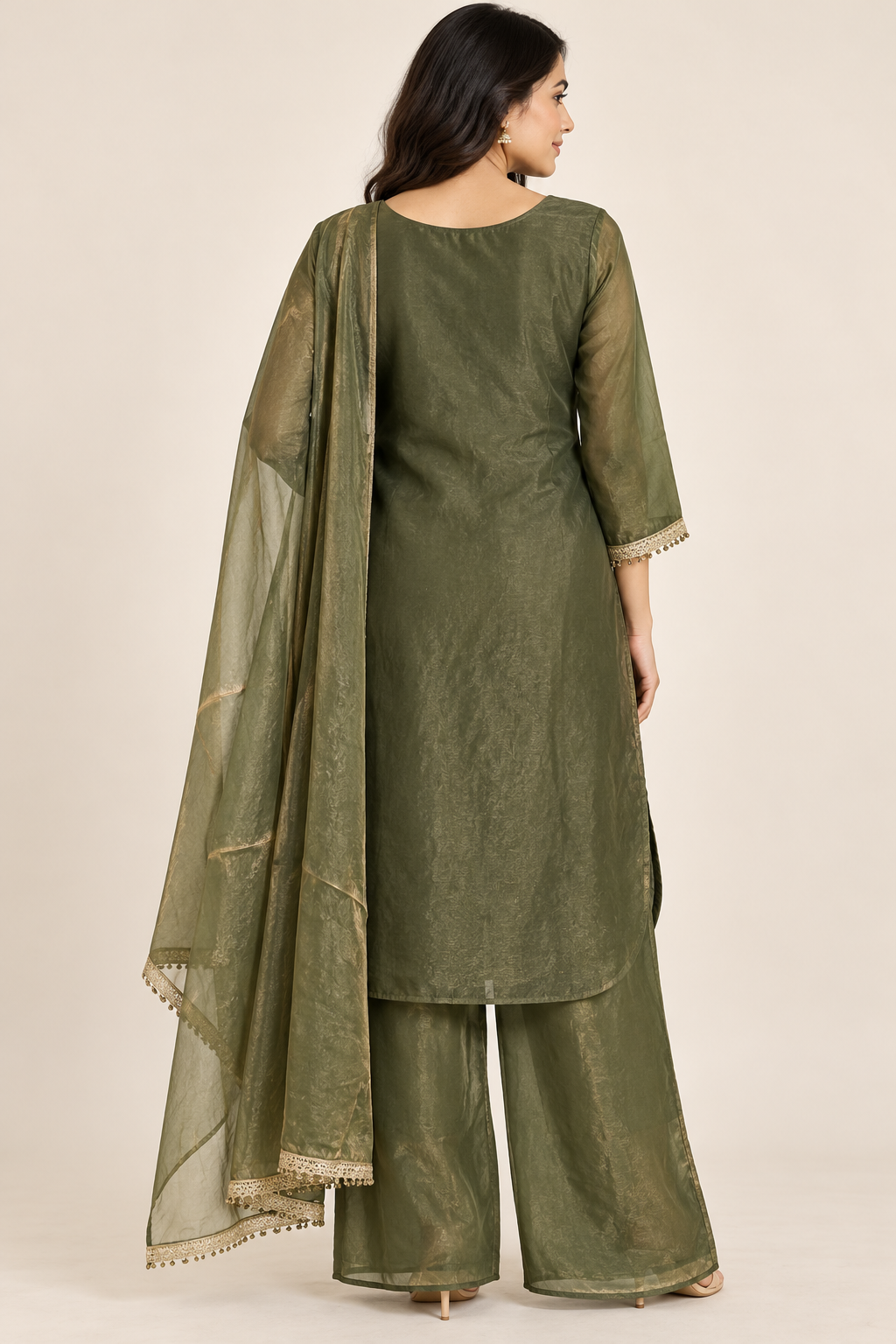 Olive Green Gold Embroidered Kurta Palazzo Set with Dupatta
