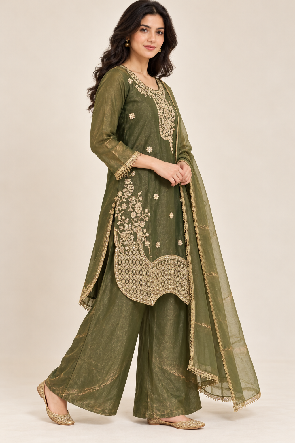 Olive Green Gold Embroidered Kurta Palazzo Set with Dupatta