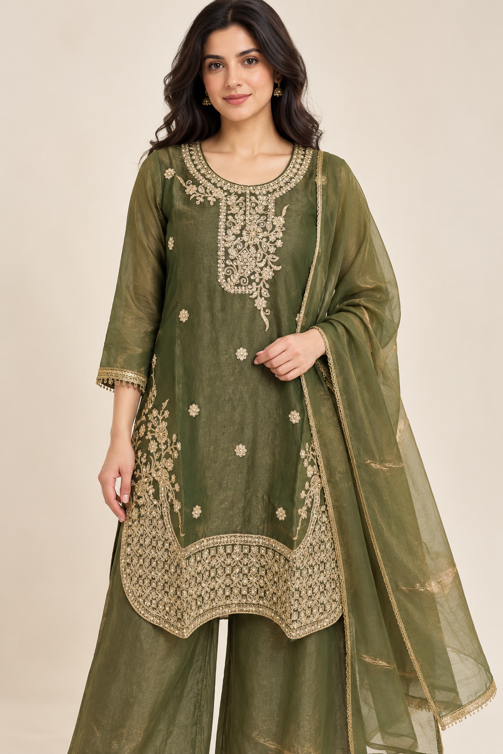 Olive Green Gold Embroidered Kurta Palazzo Set with Dupatta