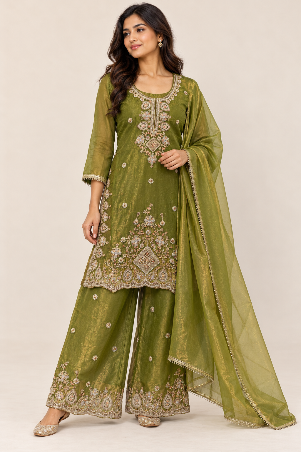 Olive Green Floral Embroidered Kurta Palazzo Suit with Dupatta