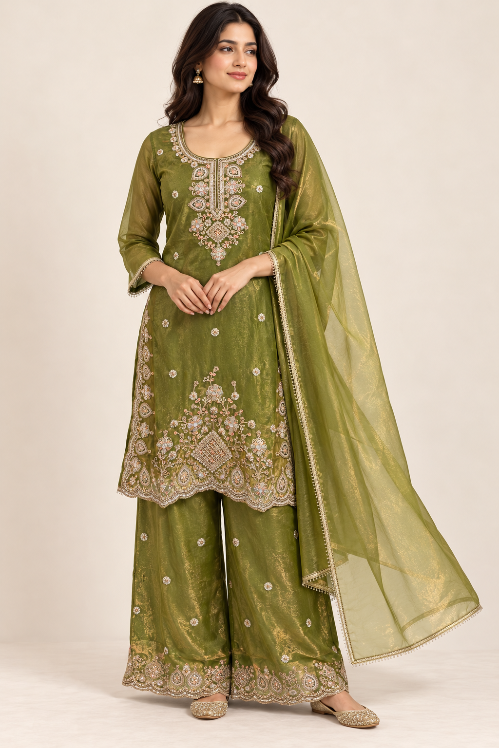 Olive Green Floral Embroidered Kurta Palazzo Suit with Dupatta
