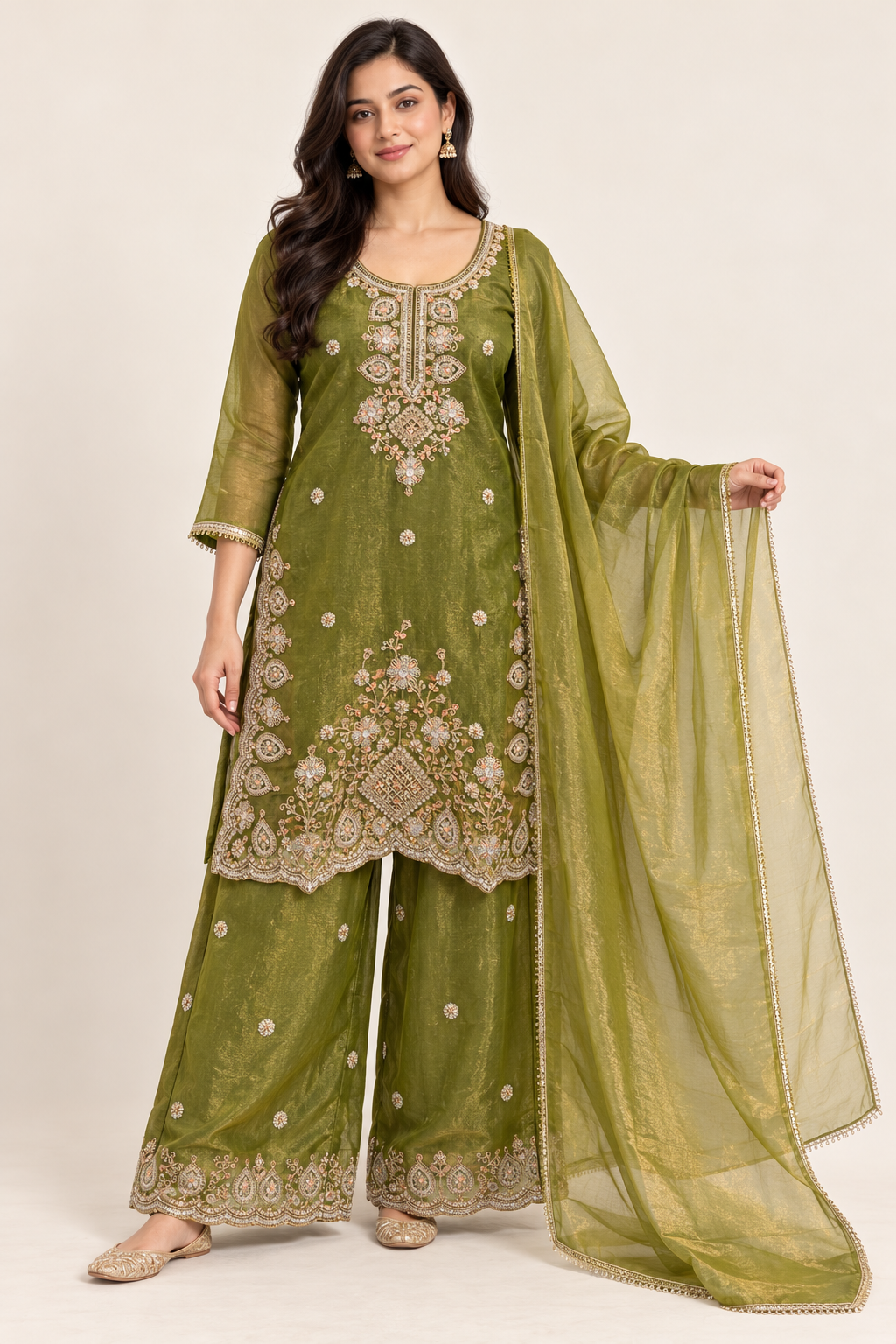Olive Green Floral Embroidered Kurta Palazzo Suit with Dupatta
